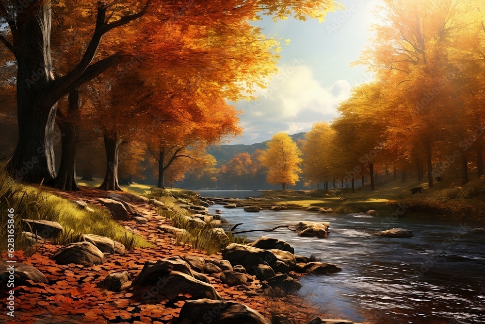 Beautiful autumn landscape with yellow orange trees, with river and clear sunnuy sky. Colorful fall foliage. Falling leaves, natural background.
