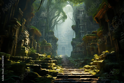 Enchanted Journey: Illuminated Canopy Path leading to Ancient Sunlit Temple in Mystical Jungle