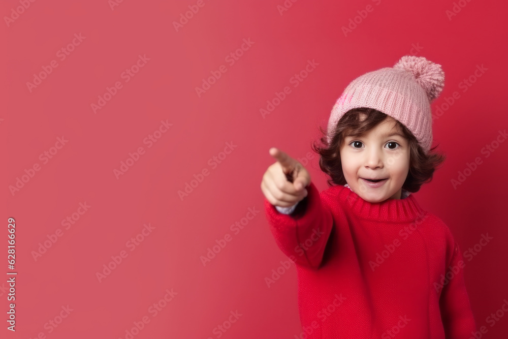 Kid with winter hat pointing to blank space on pink background. Generative AI Kid with winter hat pointing to blank space on pink background. Generative AI