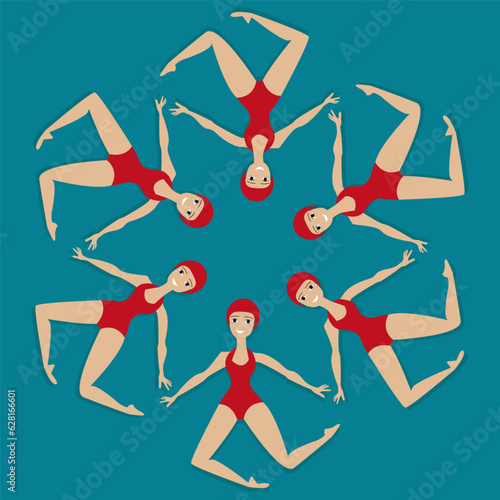 Swimming girls in a circle in a swimming pool. Pattern. Vector illustration