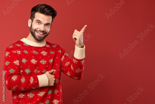 Caucasian Man with beard and christmas sweater pointing to blank space on red background. Generative AI
