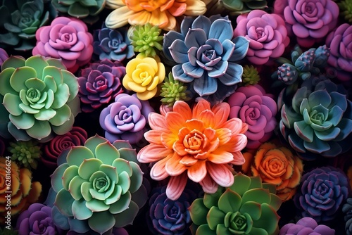 Miniature succulent plants background. Top view succulent cactus, gardening, horticulture theme. Colorful fresh succulents with cacti. Bright colored succulents like bright flowers.