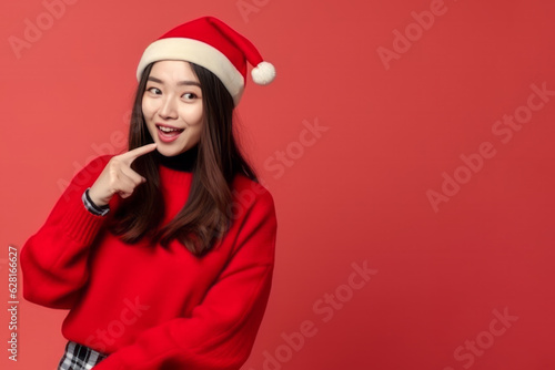 Asian woman with christmas hat on red background with copy space. Generative AI