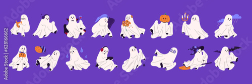 Cute and friendly ghost with different expressions set. Spooky phantom flying to Halloween with pumpkin. Sad and fun spirit, various costumes. Spook and bat. Cartoon flat isolated vector illustration