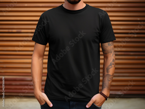 Sleek and Stylish: Man in a basic Black Shirt standing in front of a wooden panel.  photo