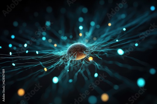 Neuron synapse presentation - Network of glowing cells with electrical pulses. Conceptual medical image. Photo generative AI