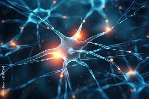 Neuron cell disease - interconnected network with electrical pulses, medical image. Photo generative AI