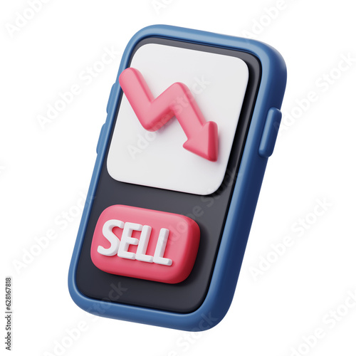 Sell button is on smartphone contains graph on screen, business strategy and stock market concept