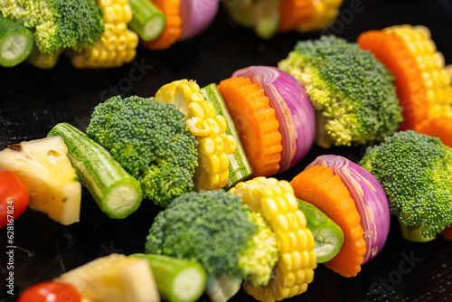 Various kind of vegetable skewer for BBQ party meal. Food object photo  close-up and selective focus.