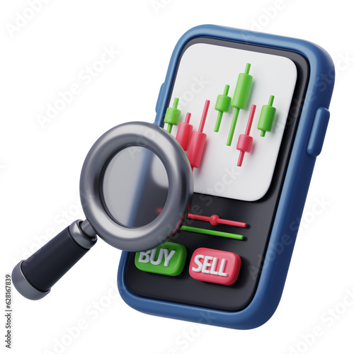 Magnifier is scanning on smartphone contains graph on screen, business strategy and stock market concept