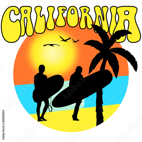 California Graphic for T-Shirt, prints. Vintage 90s style emblem. Retro summer travel scene, unusual badge. Surfing Adventure Label. Stock vector.