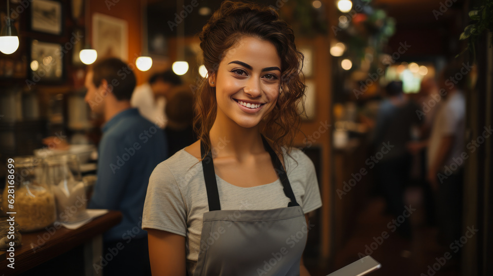 Portrait of happy woman standing at doorway of her store. Cheerful mature waitress waiting for clients at coffee shop.generative ai Portrait of happy woman standing at doorway of her store. Cheerful mature waitress waiting for clients at coffee shop.generative ai