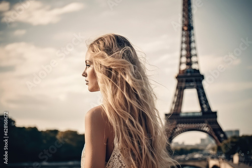 Once in Paris. Back beautiful slim chic girl with long blond hair against Eiffel tower