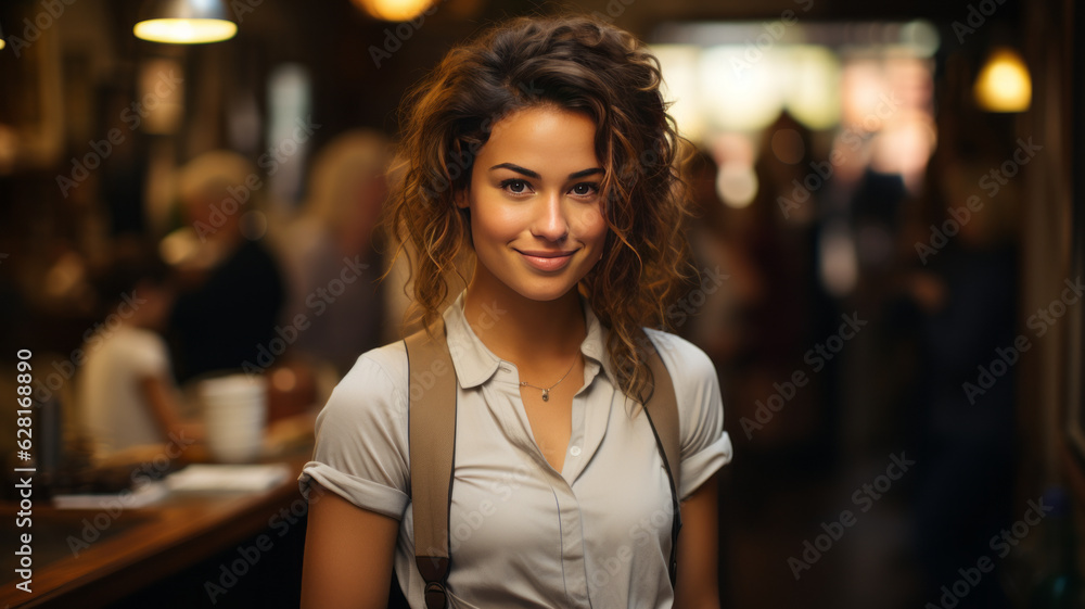 Portrait of happy woman standing at doorway of her store. Cheerful mature waitress waiting for clients at coffee shop.generative ai Portrait of happy woman standing at doorway of her store. Cheerful mature waitress waiting for clients at coffee shop.generative ai