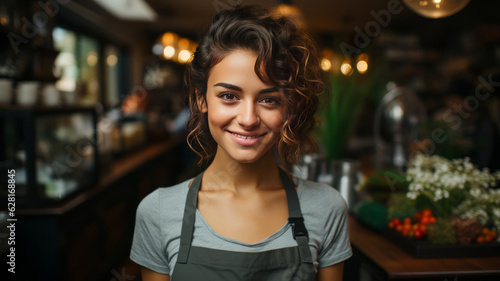 Portrait of happy woman standing at doorway of her store. Cheerful mature waitress waiting for clients at coffee shop.generative ai