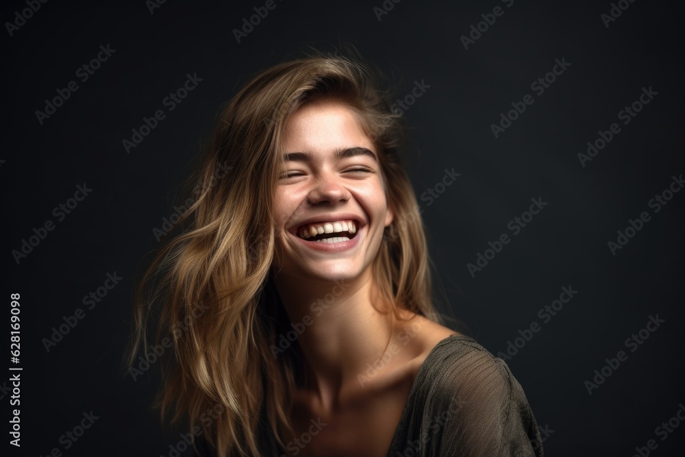 studio shot of a young woman looking happy and cheerful against a gray background