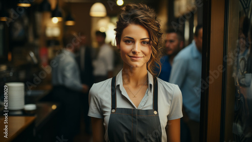 Portrait of happy woman standing at doorway of her store. Cheerful mature waitress waiting for clients at coffee shop.generative ai