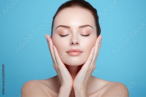 woman, portrait and face with hands for beauty, cosmetics or facial treatment on blue background