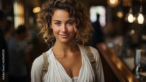 Portrait of happy woman standing at doorway of her store. Cheerful mature waitress waiting for clients at coffee shop.