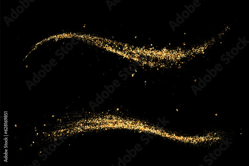 Gold glitter abstract waves on a black background, the set waves gold glitters.