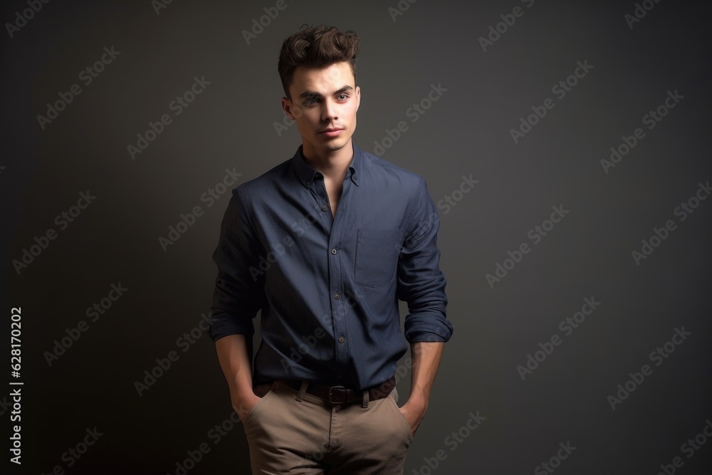 studio shot of a handsome young man standing with his hands in his pockets