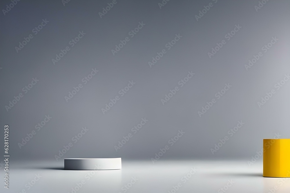 Empty room interior design or yellow pedestal display on vivid background with blank stand. Blank stand for showing product - obrazy, fototapety, plakaty 