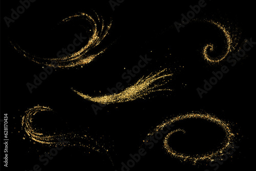 Gold glitters on a black background. Wavy elements set. Shine of gold dust.