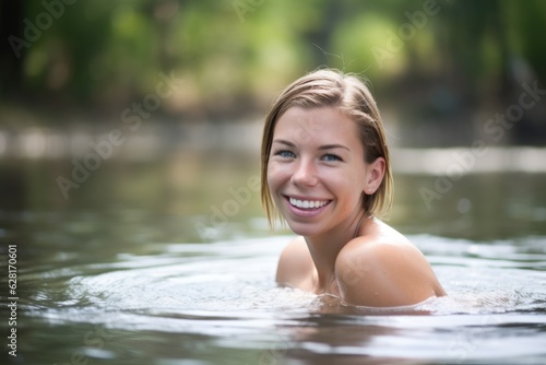 a beautiful young woman standing in water with a smile