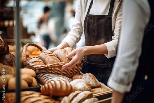 cropped shot of a woman purchasing bread from a baker
