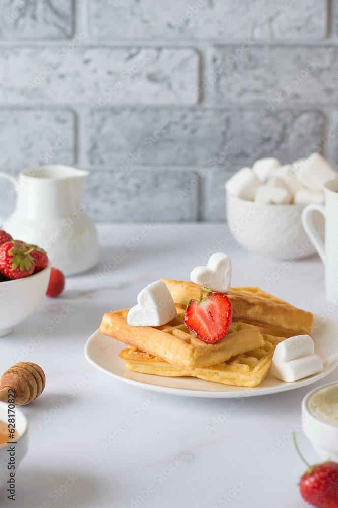 breakfast waffles with cream cheese strawberries and white marshmallows breakfast waffles with cream cheese strawberries and white marshmallows