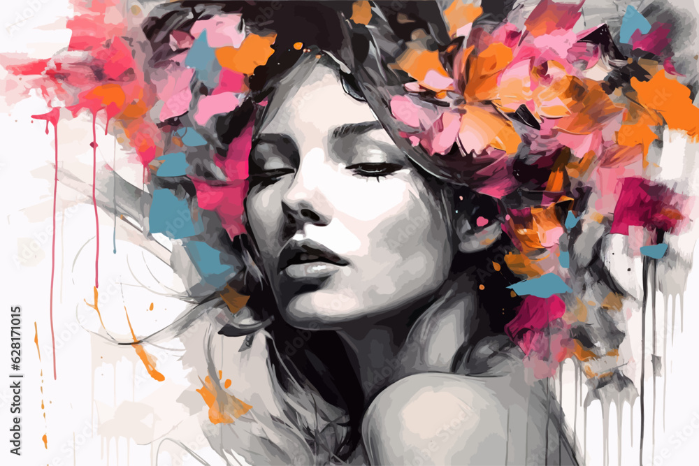 Abstract paint black white color portrait woman. Vector illustration