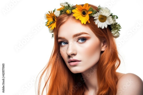 shot of a young woman with flowers in her hair isolated on white