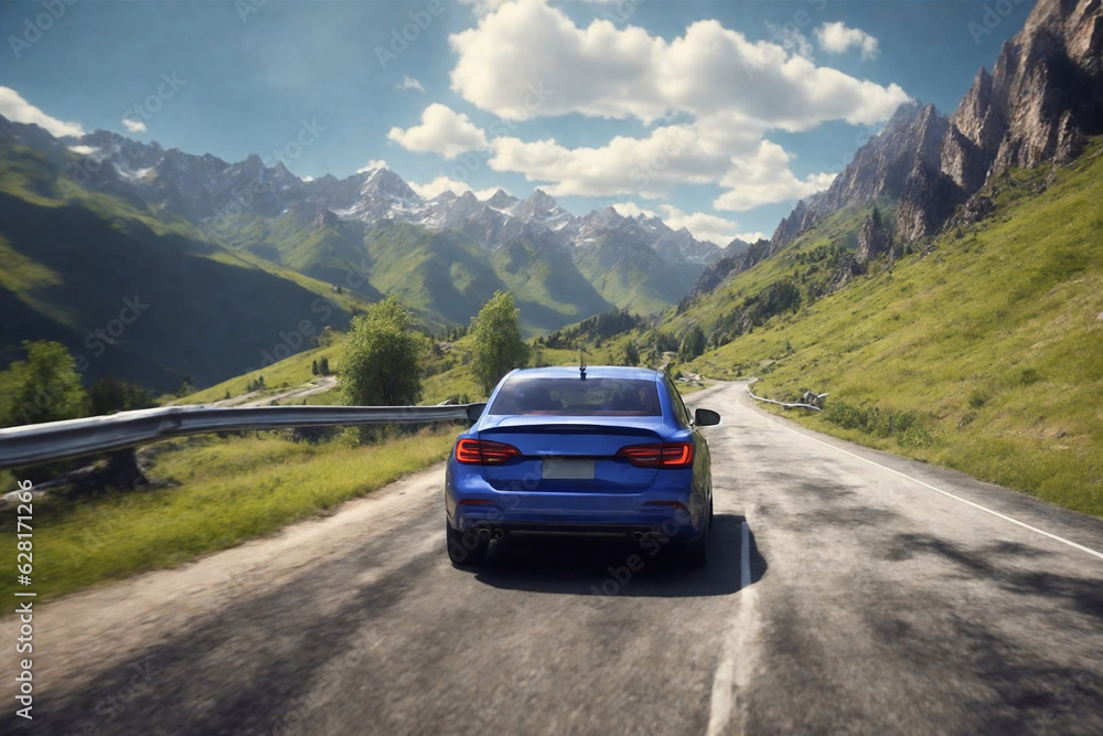 a blue car is driving on the road in the mountains. ai generator a blue car is driving on the road in the mountains. ai generator
