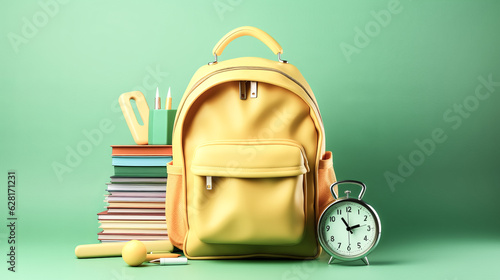 A young student wears a yellow backpack with an alarm clock, ready for school.