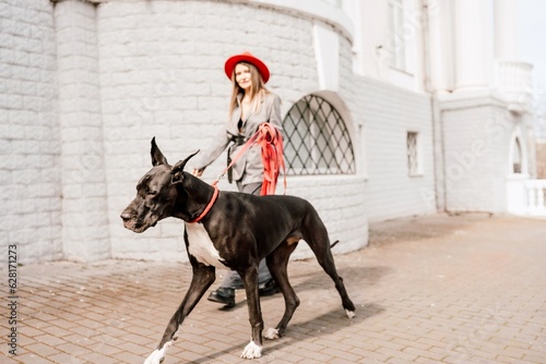 A photo of a woman and her Great Dane walking through a town, taking in the sights and sounds of the urban environment.