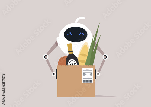 A robot delivering grocery in a brown paper bag