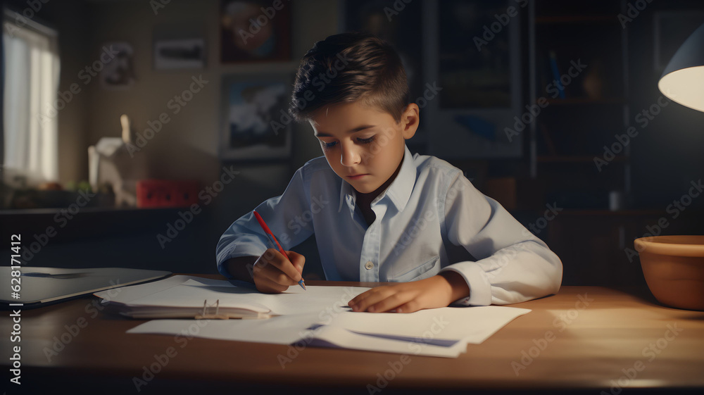 Young boy doing his homework, working at home, back to school, studying, children, child, elementary school, learning, books and school supplies, studying at home, home schooling Young boy doing his homework, working at home, back to school, studying, children, child, elementary school, learning, books and school supplies, studying at home, home schooling