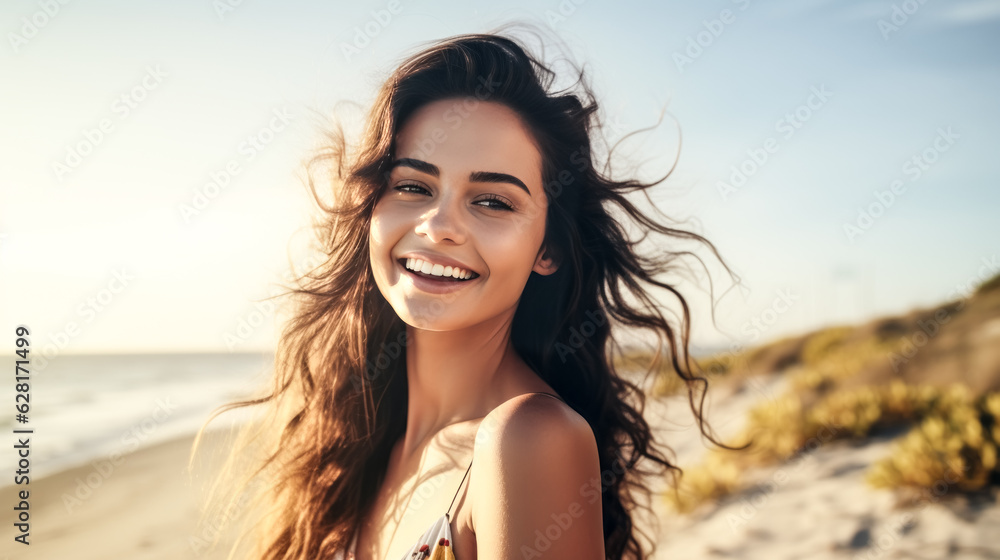 A young woman beams with joy while posing for the camera. A young woman beams with joy while posing for the camera.