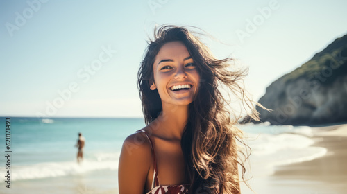 A happy young woman beams a smile.