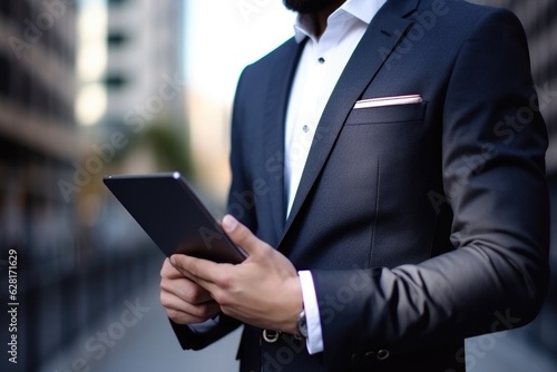 closeup shot of a young man holding his digital tablet