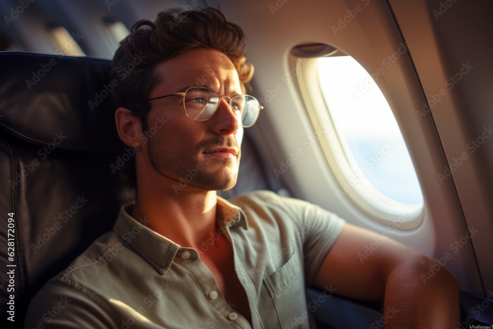 a handsome american caucasian white male model flying in airplane and looking out of the window porthole. plane passenger sitting on seat. first class flying. Generative AI a handsome american caucasian white male model flying in airplane and looking out of the window porthole. plane passenger sitting on seat. first class flying. Generative AI