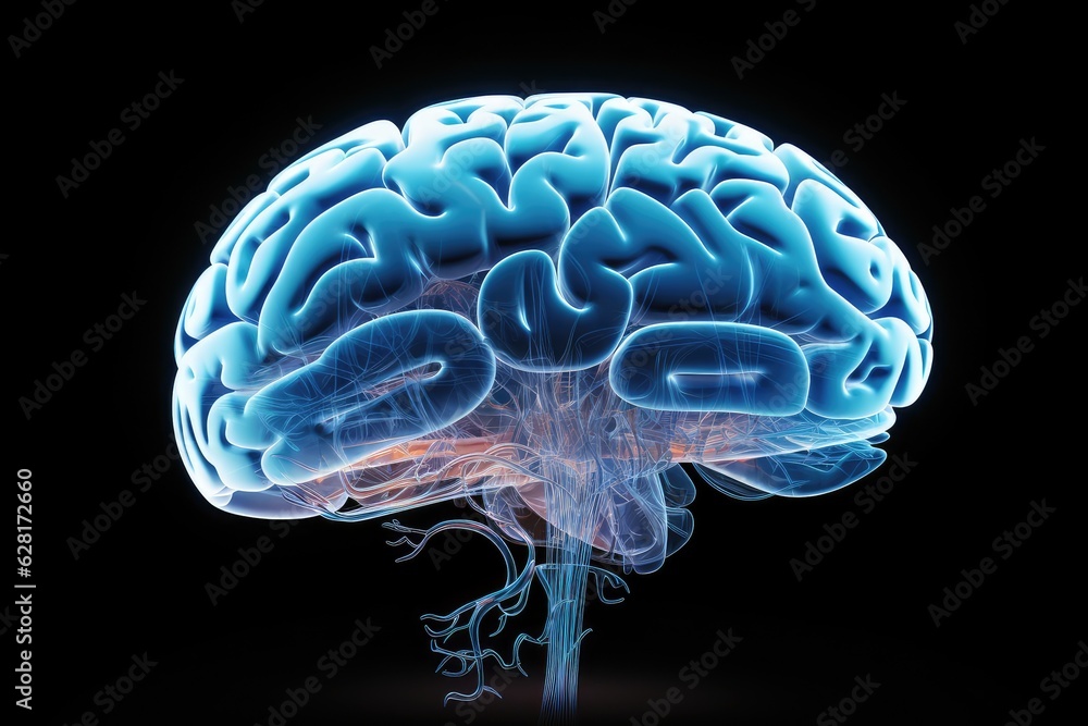Giant transparent brain X-ray with detailed blue shading. Photo generative AI Giant transparent brain X-ray with detailed blue shading. Photo generative AI