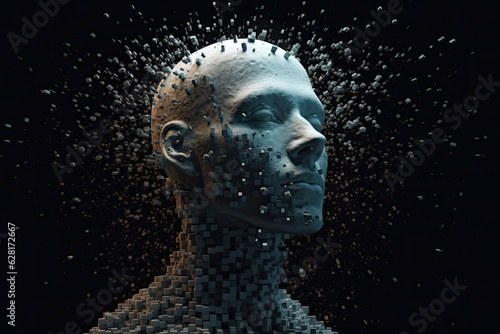 AI tech dissolves human head with cube particles. Photo generative AI © pixardi