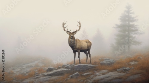 deer comes out of the fog.