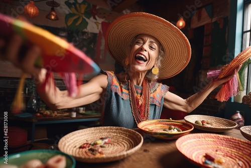shot of a woman wearing a sombrero while dancing after eating tacos