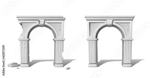 3d realistic vector icon set. White antique greek archs whole and broken.