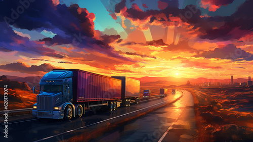 Paint a picturesque image of a long-haul truck transporting colorful containers on a vast highway, with the sun setting on the horizon Generative AI