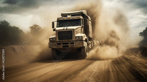 Depict a close-up view of a heavy-duty truck carrying construction equipment on a dusty rural road, with clouds of dust trailing behind Generative AI