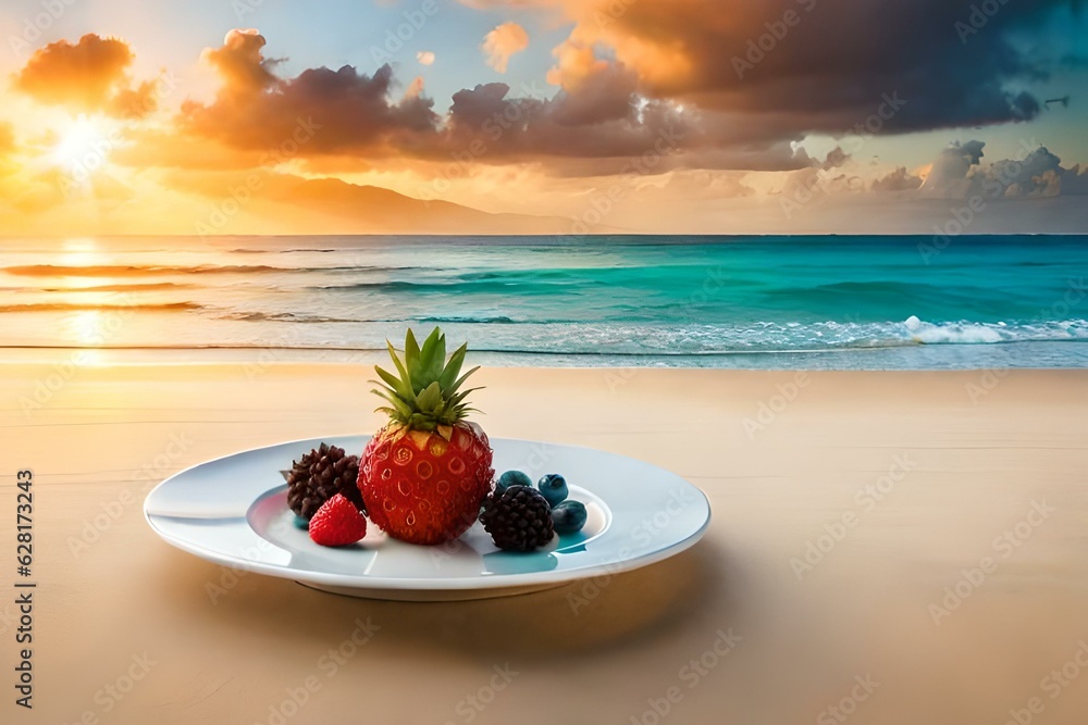 A tropical fruit platter served on the sandy shore with the ocean in the background. - obrazy, fototapety, plakaty 