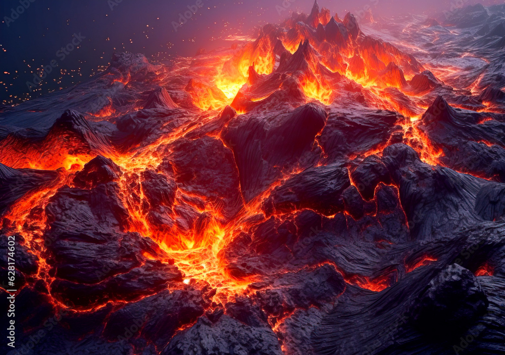 Witness the intense power of nature in this volcanic landscape, where boiling lava creates a surreal and dramatic scene. Created with Generative AI technology